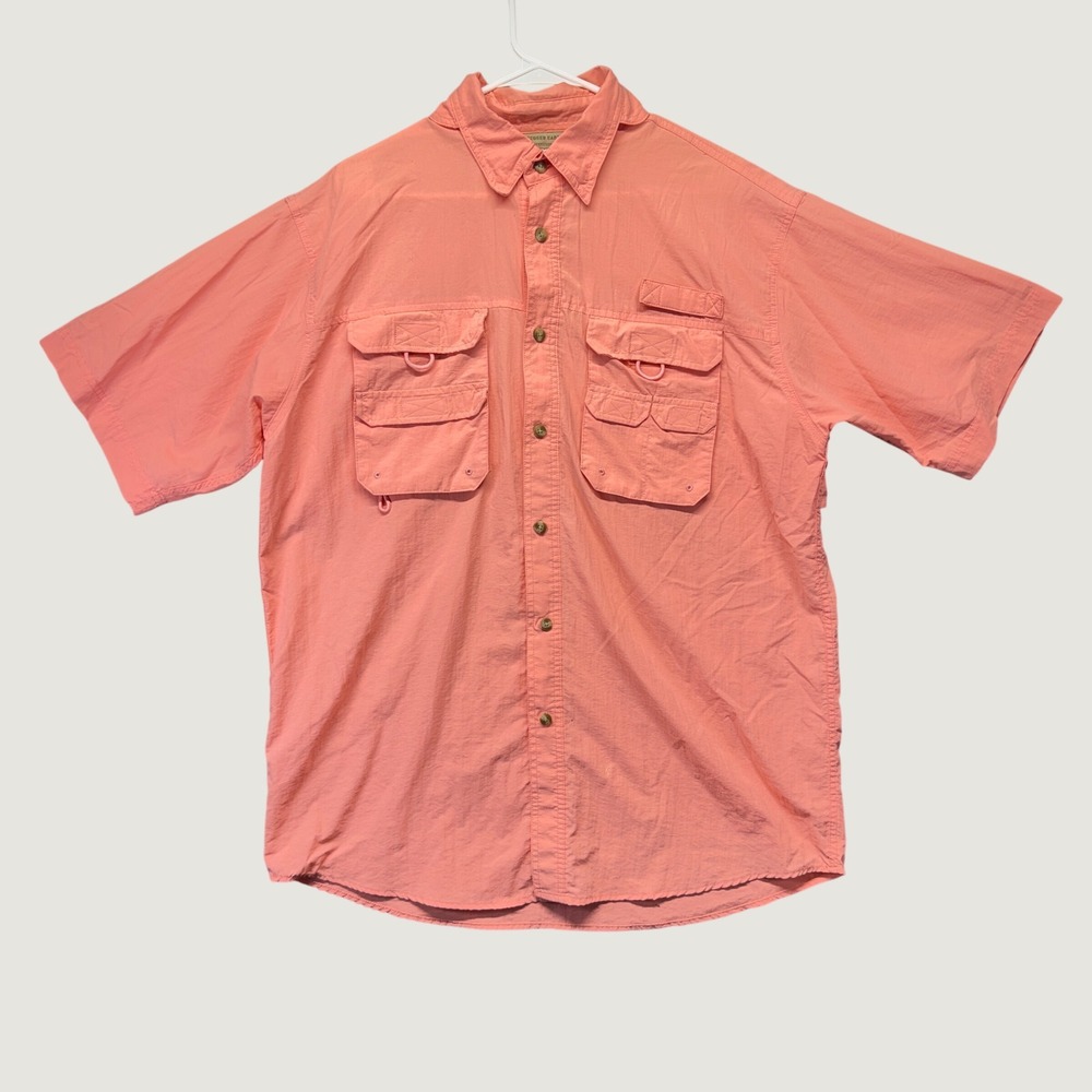 Rugged Earth Outfitters Fishing Shirt Mens Large Coral Pink Nylon Vented Pockets